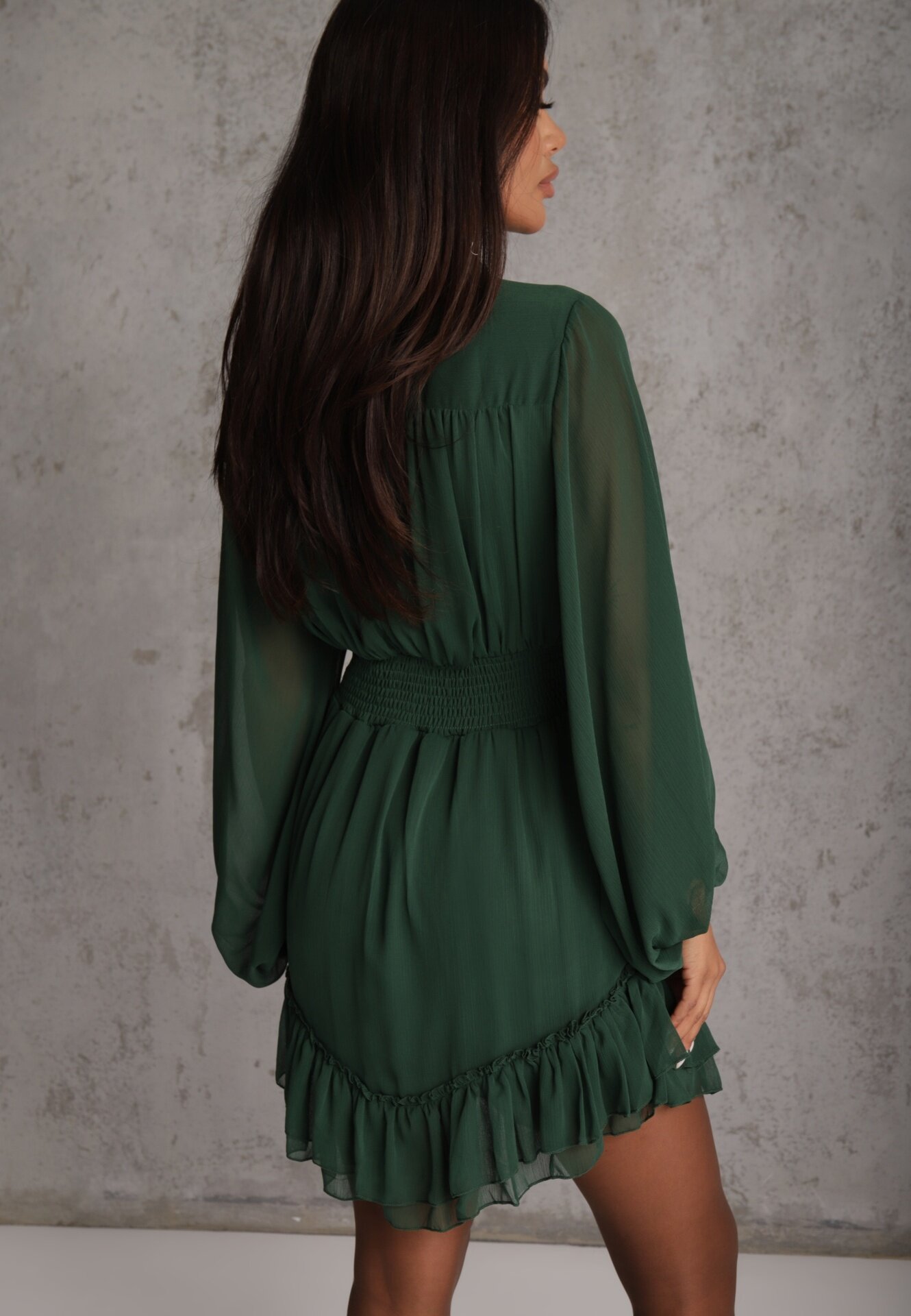 bibous project Rochie Mini Verde închis cu elastic încrețit și mâneci transparente Janay