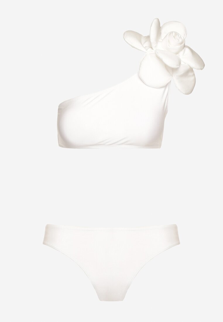  Bikini Alb 2 piese Sutien cu aplicație florală pe un umăr Chiloți tip figi Valmelba