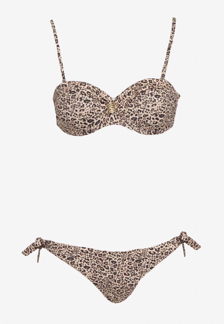  Bikini Bej închis Sutien Întărit cu Decorațiune și Chiloți cu Șnururi pe Laterale Aromarie