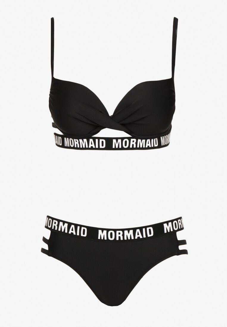  Bikini Negru cu Nod pe Sutien cu Curelușe Decorative și Imprimeuri Bibalia