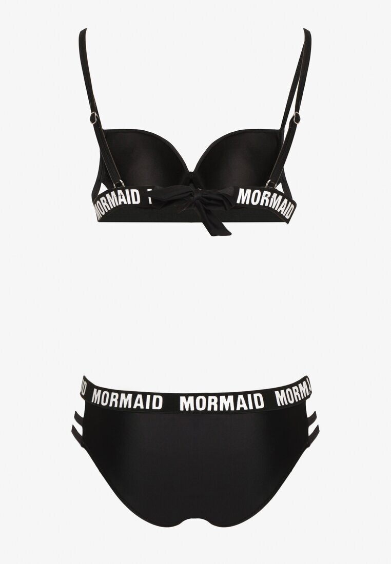  Bikini Negru cu Nod pe Sutien cu Curelușe Decorative și Imprimeuri Bibalia