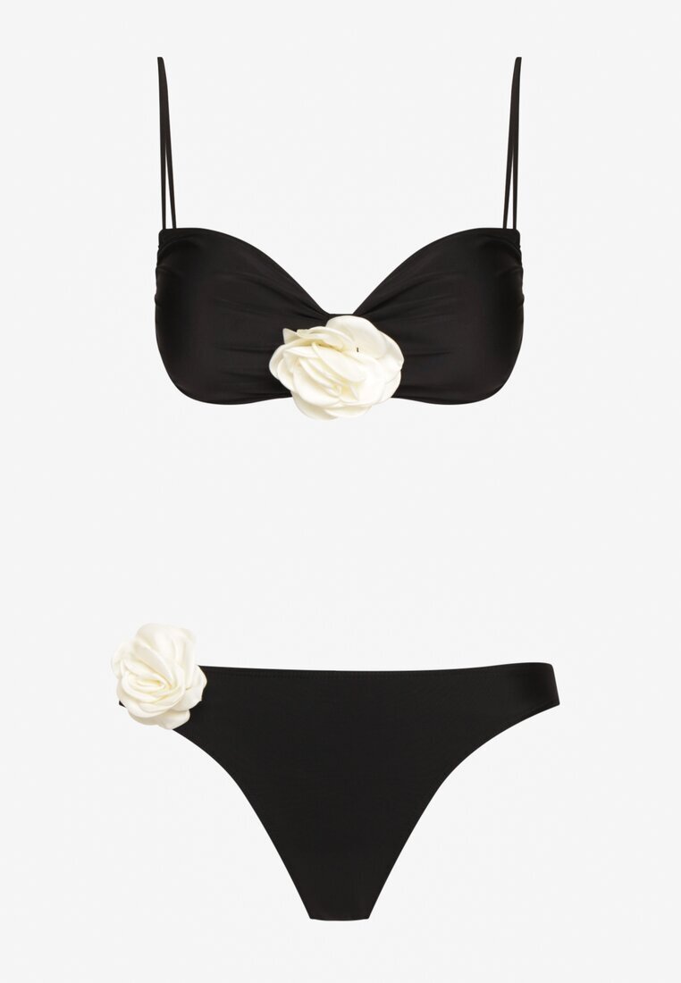  Bikini Negru cu Sutien legat Decorat cu aplicații florale Rivashan