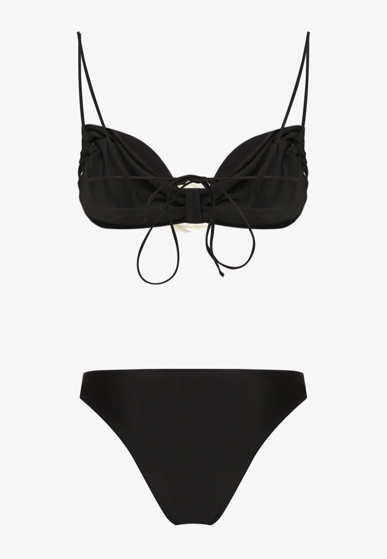  Bikini Negru cu Sutien legat Decorat cu aplicații florale Rivashan