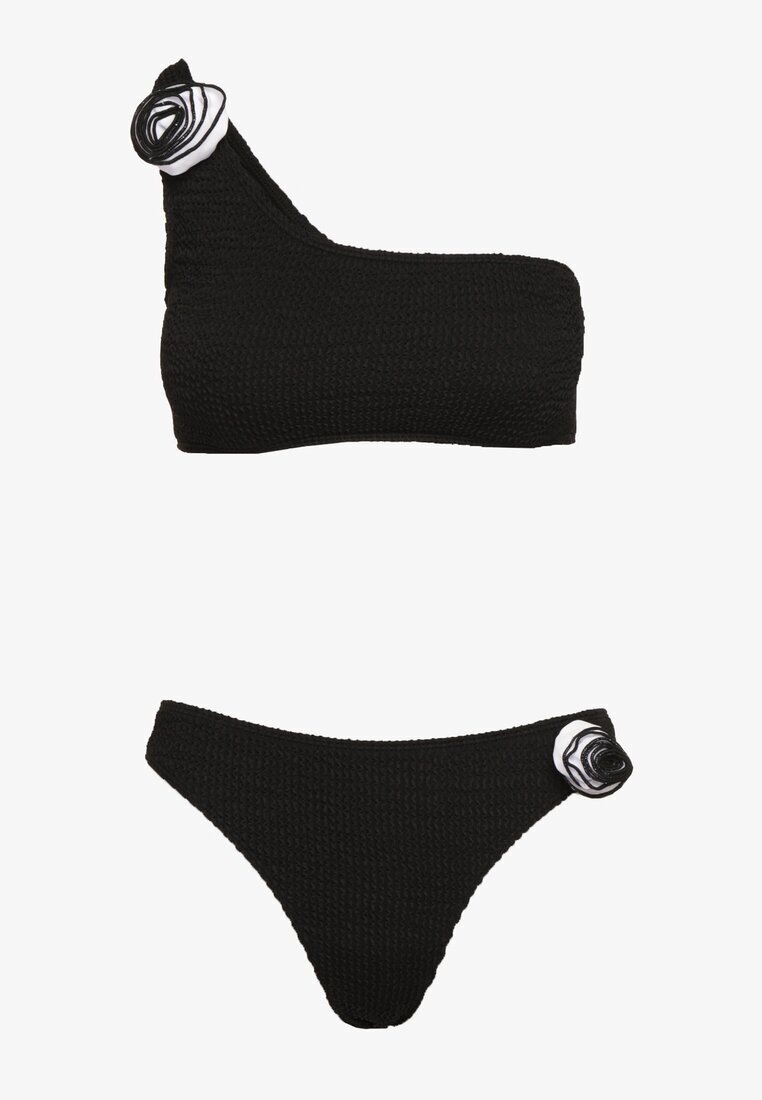  Bikini Negru Din 2 Piese Sutien Asimetric și Chiloți cu Aplicații Florale Namsilea