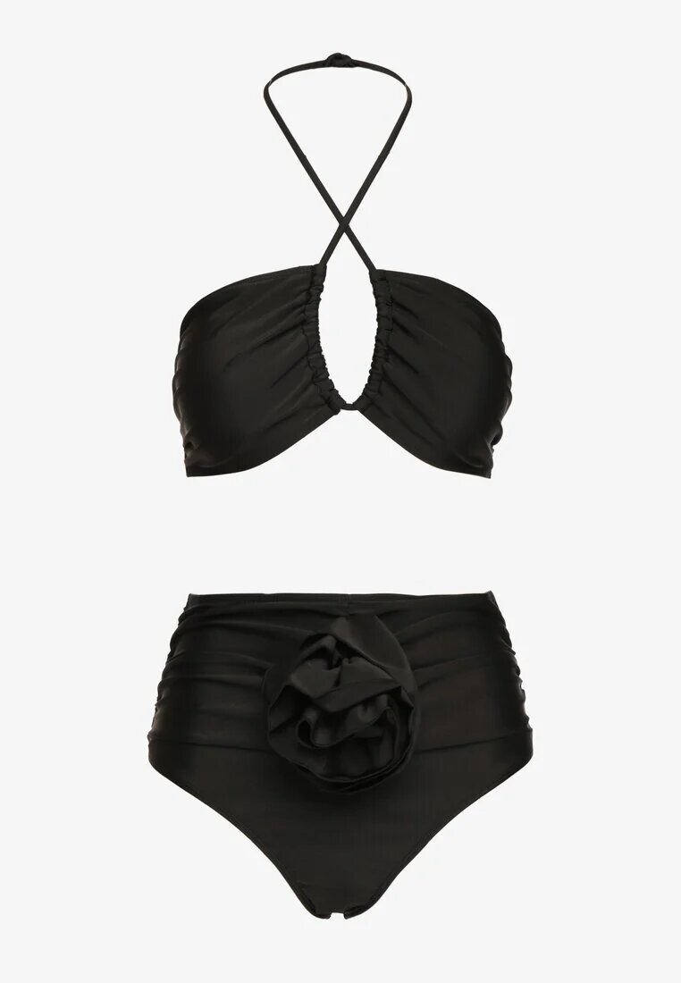  Bikini Negru din 2 Piese Sutien Halter cu Legătură Slip cu Talie Înaltă Nanselian