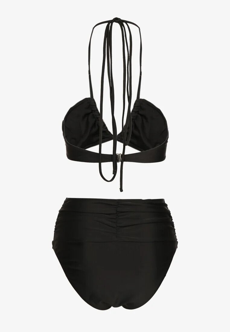  Bikini Negru din 2 Piese Sutien Halter cu Legătură Slip cu Talie Înaltă Nanselian