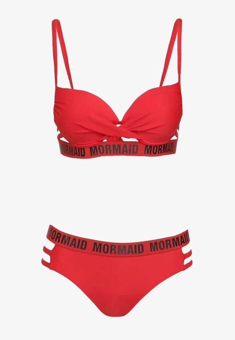  Bikini Roșu cu Noduleț pe Sutien cu Bentițe Decorative și Inscripții Bibalia