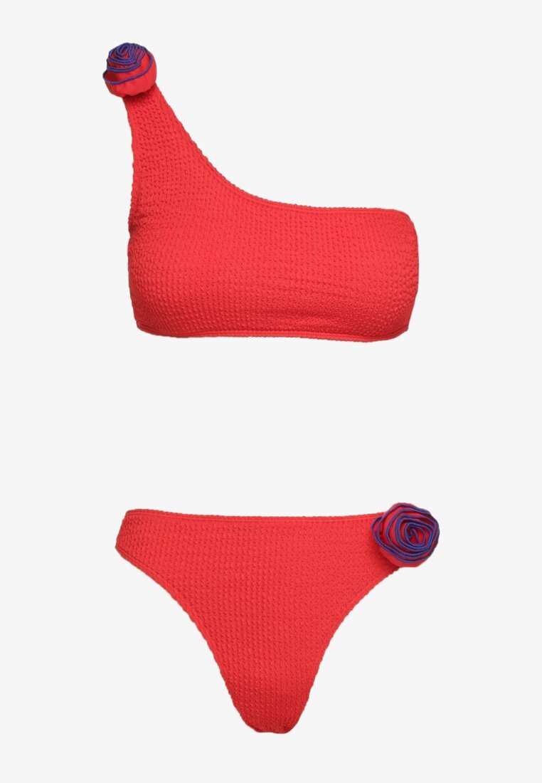  Bikini Roșu din 2 piese Sutien Asimetric și Chiloți cu Aplicații Florale Namsilea