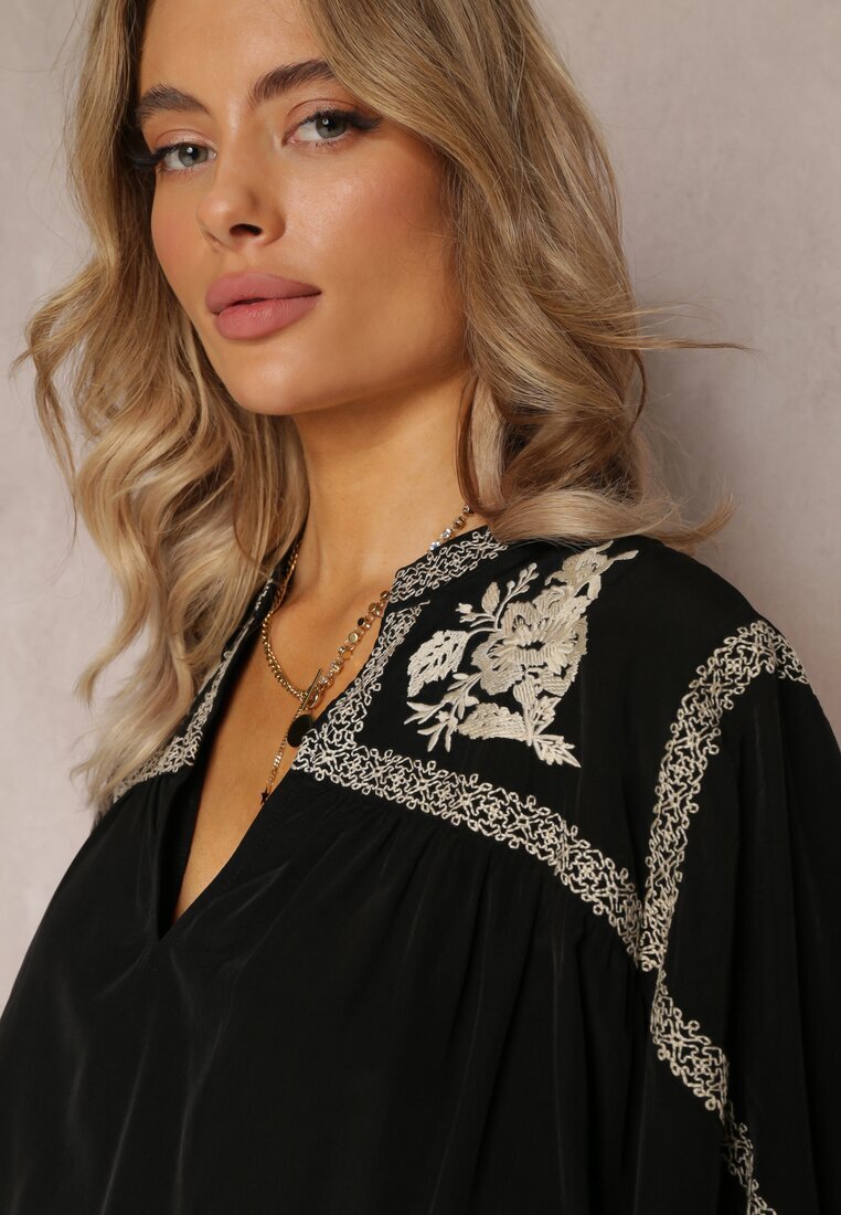 bisou's project Bluză Neagră cu Mânecă Bufantă și Broderie Florală Oluze