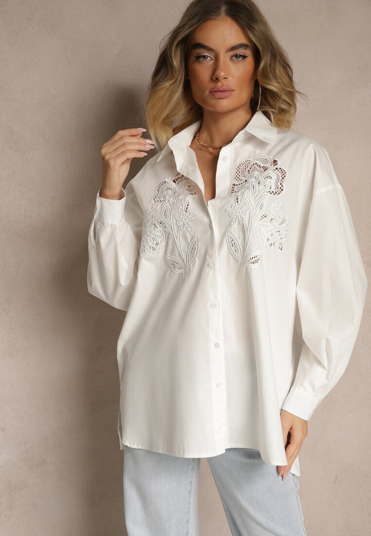 bisou's project Cămașă Albă Oversize din Bumbac cu Decorațiuni Perforate cu Motiv Floral Voesia