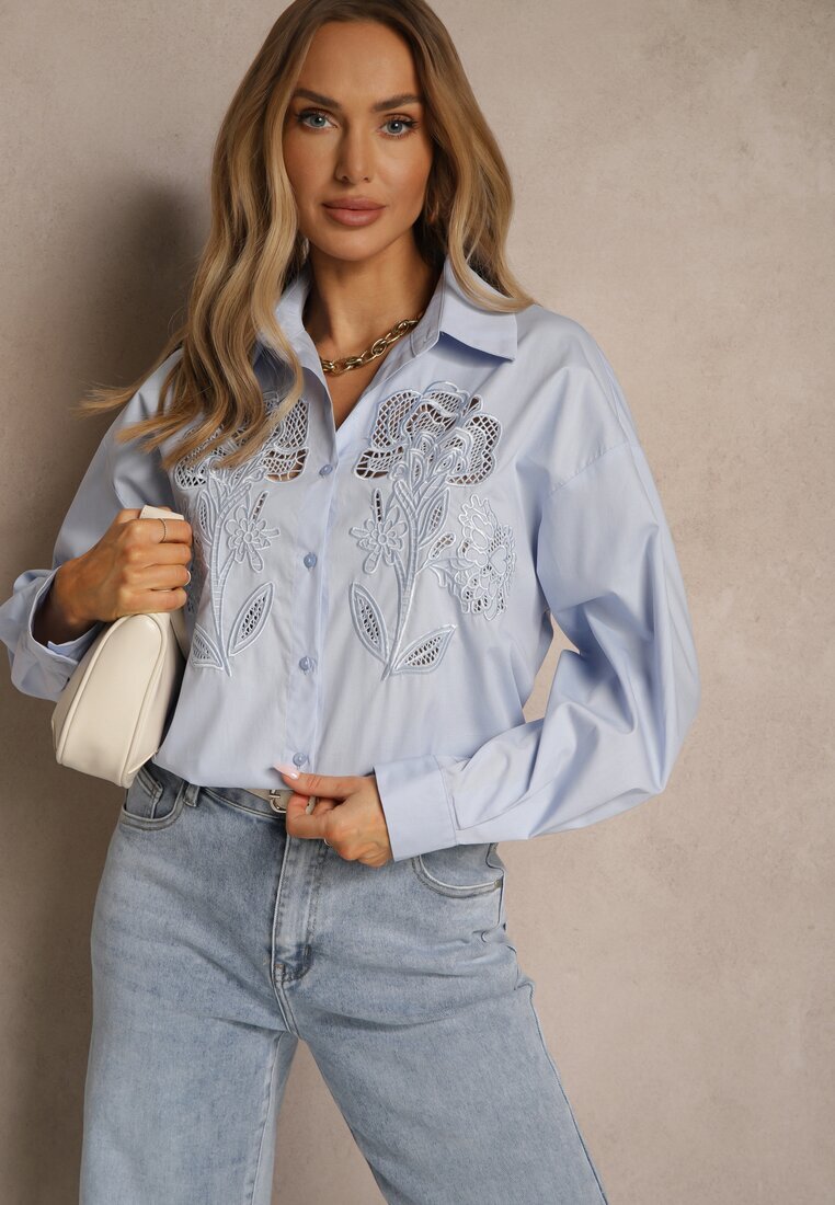 bisou's project Cămașă Albastră deschis Oversize din bumbac cu ornamente ajurate cu motiv floral Voesia