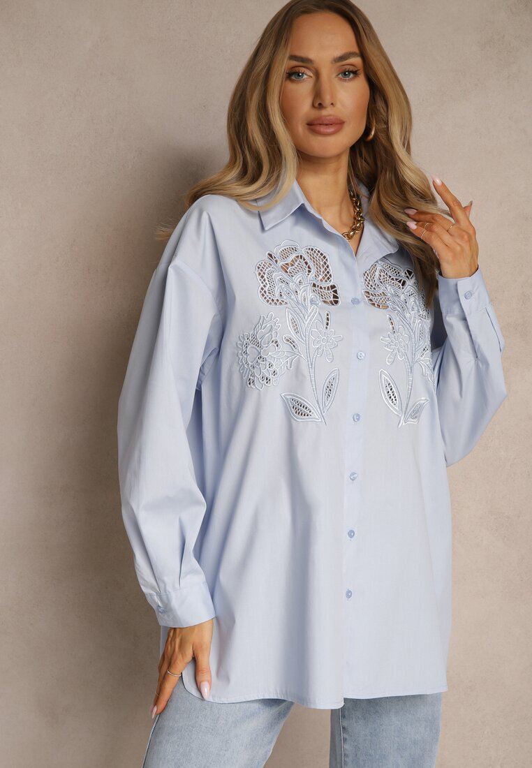 bisou's project Cămașă Albastră deschis Oversize din bumbac cu ornamente ajurate cu motiv floral Voesia