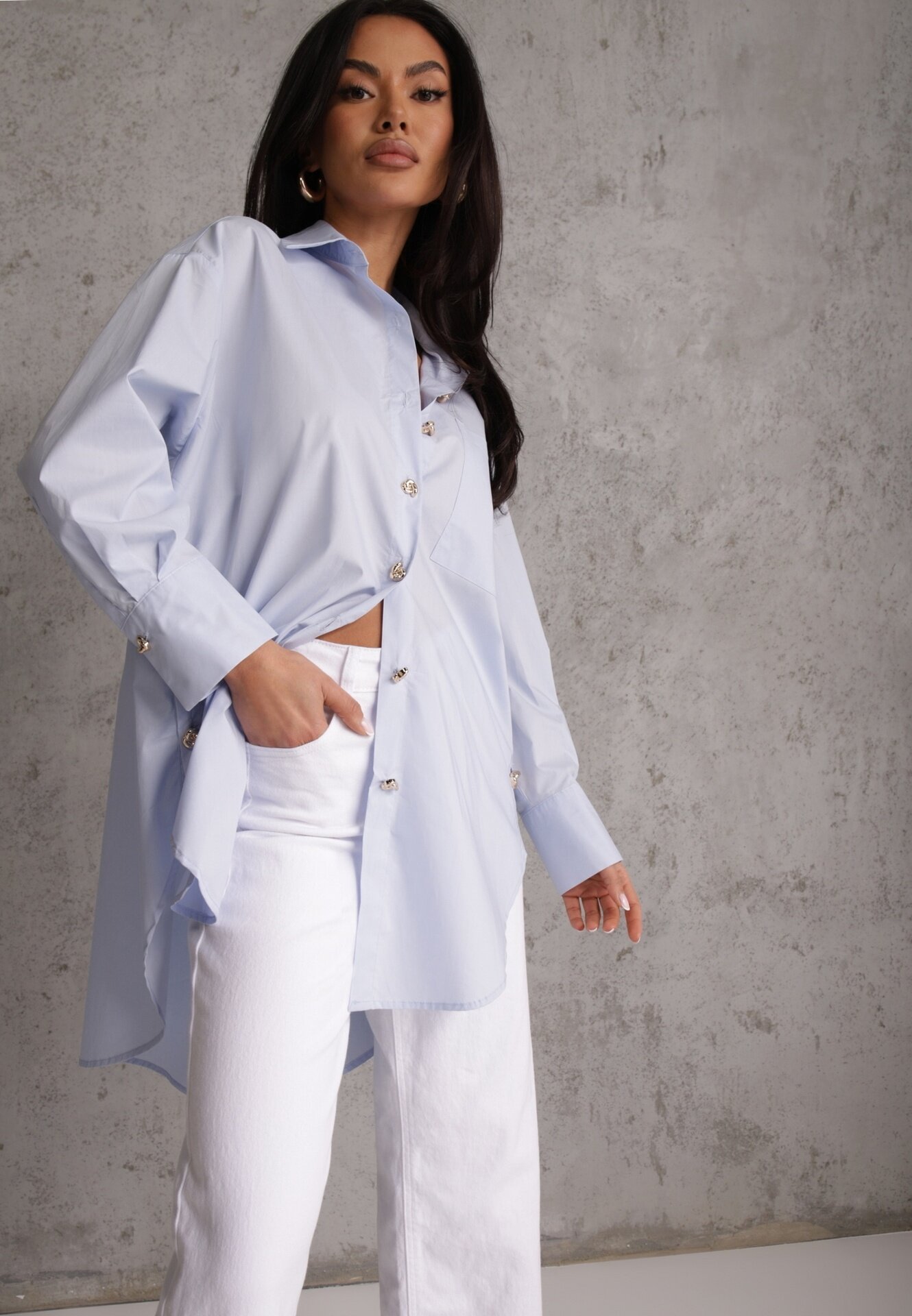 bisou's project Cămașă albastră supradimensionată din bumbac cu nasturi eleganți Rhenenore