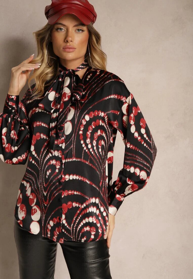 bisou's project Cămașă Negru-Roșie cu Motiv Geometric și Legătură la Decolteu Mortinnia