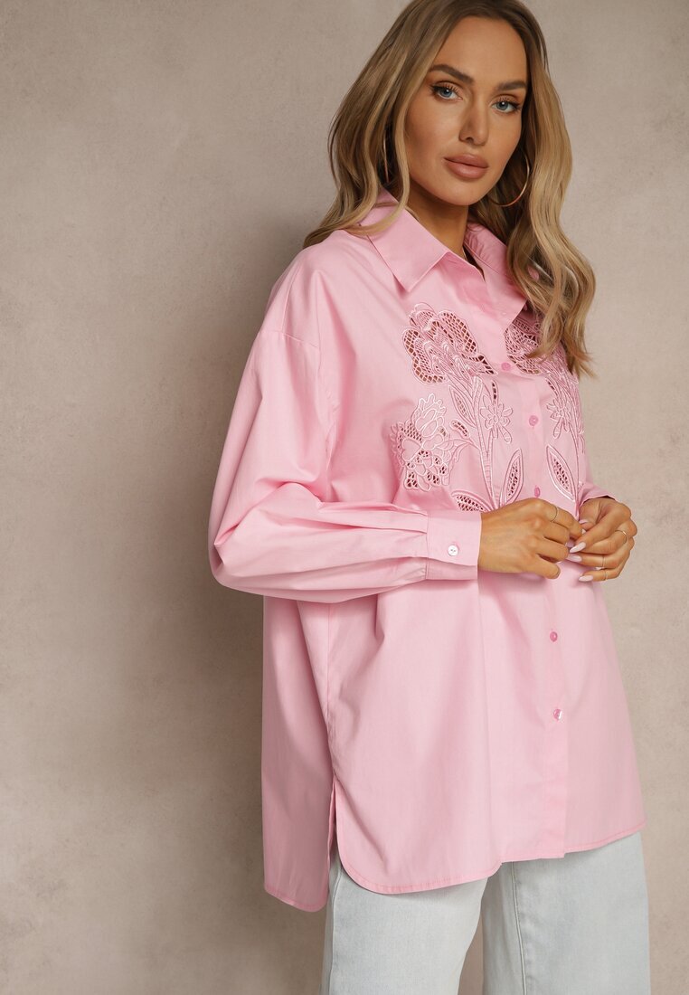 bisou's project Cămașă Roză Oversize din Bumbac cu Decorațiuni Ajurate cu Motiv Floral Voesia