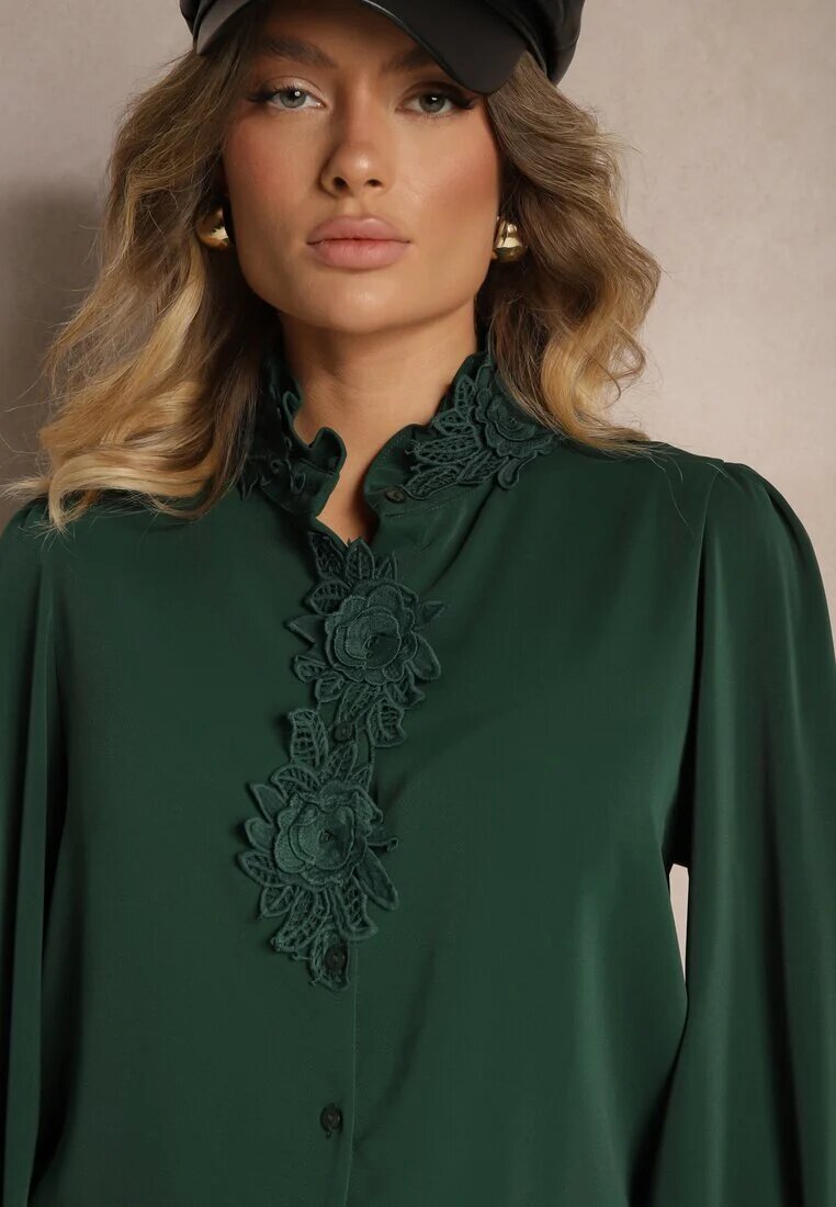 bisou's project Cămașă Verde închis Decorată cu dantelă și cu guler tunica Zeanizia