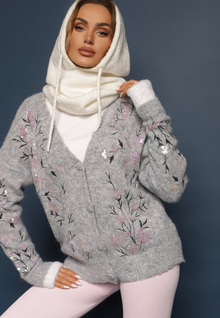 bisou's project Cardigan Gri deschis cu lână cu croială clasică cu broderie decorativă și paiete Isselia
