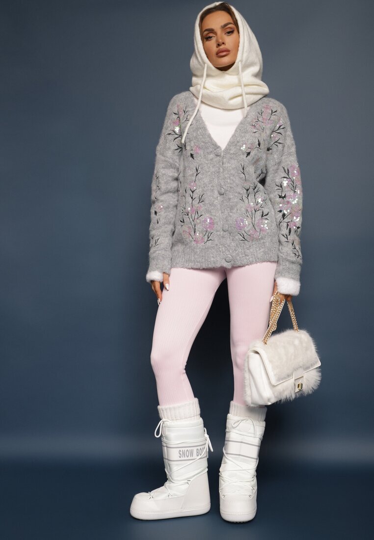 bisou's project Cardigan Gri deschis cu lână cu croială clasică cu broderie decorativă și paiete Isselia