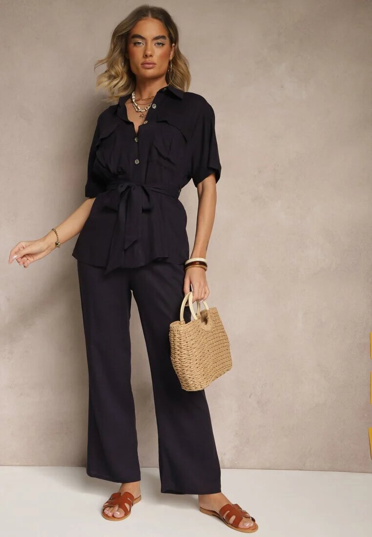 bisou's project Compleu Bleumarin din In și Viscoză cu Pantaloni Largi și Cămașă cu Curea Galanitia