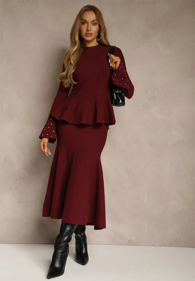 bisou's project Compleu Grena din tricot cu vâscoză Fustă și Pulover cu bască și zirconii Nereza