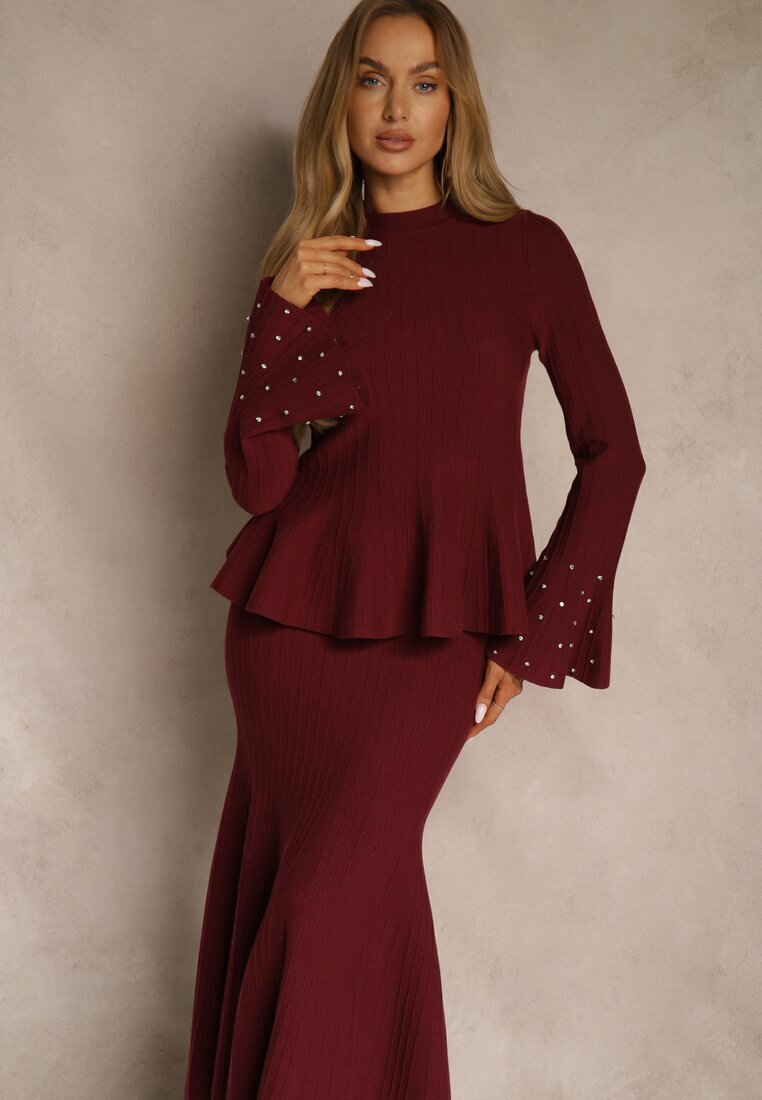 bisou's project Compleu Grena din tricot cu vâscoză Fustă și Pulover cu bască și zirconii Nereza