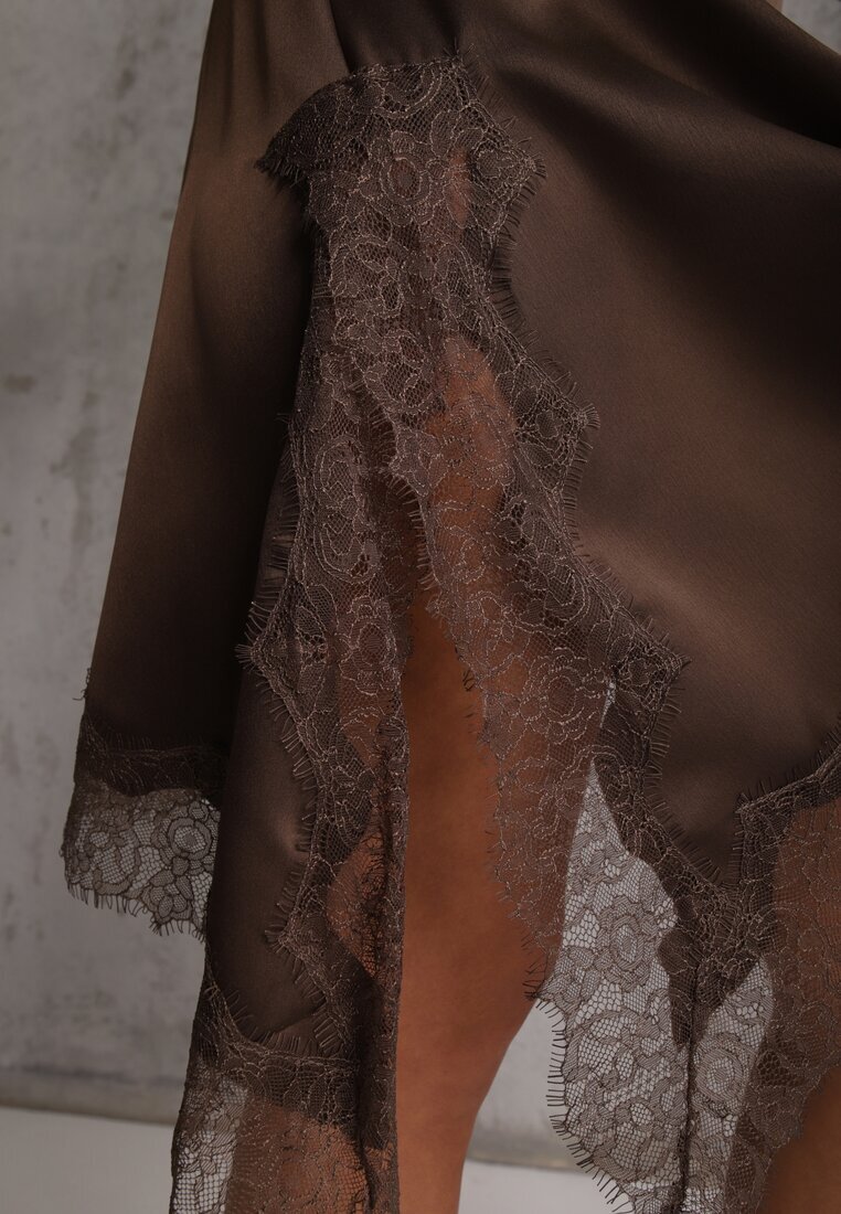 bisou's project Fustă Asimetrică Maro din Satin Decorată cu Dantelă Katarva