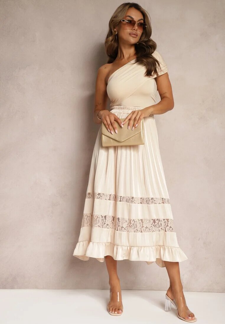 bisou's project Fustă Asimetrică Plisată Bej High Waist cu elastic în talie și inserții de dantelă Reslifa