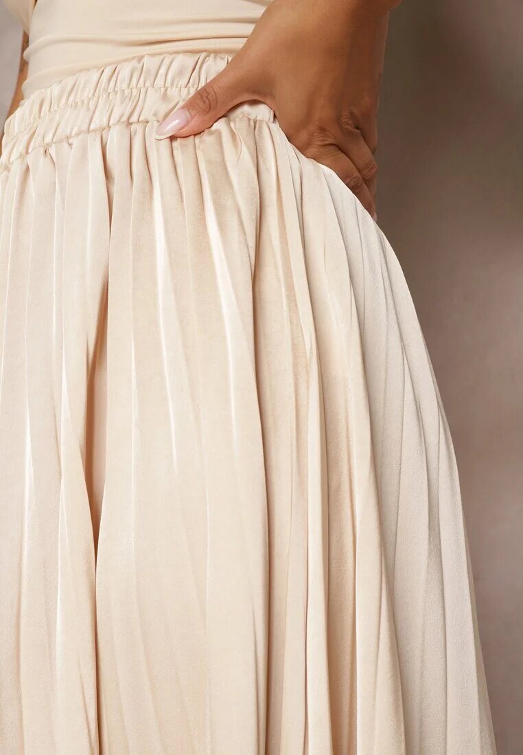 bisou's project Fustă Asimetrică Plisată Bej High Waist cu elastic în talie și inserții de dantelă Reslifa