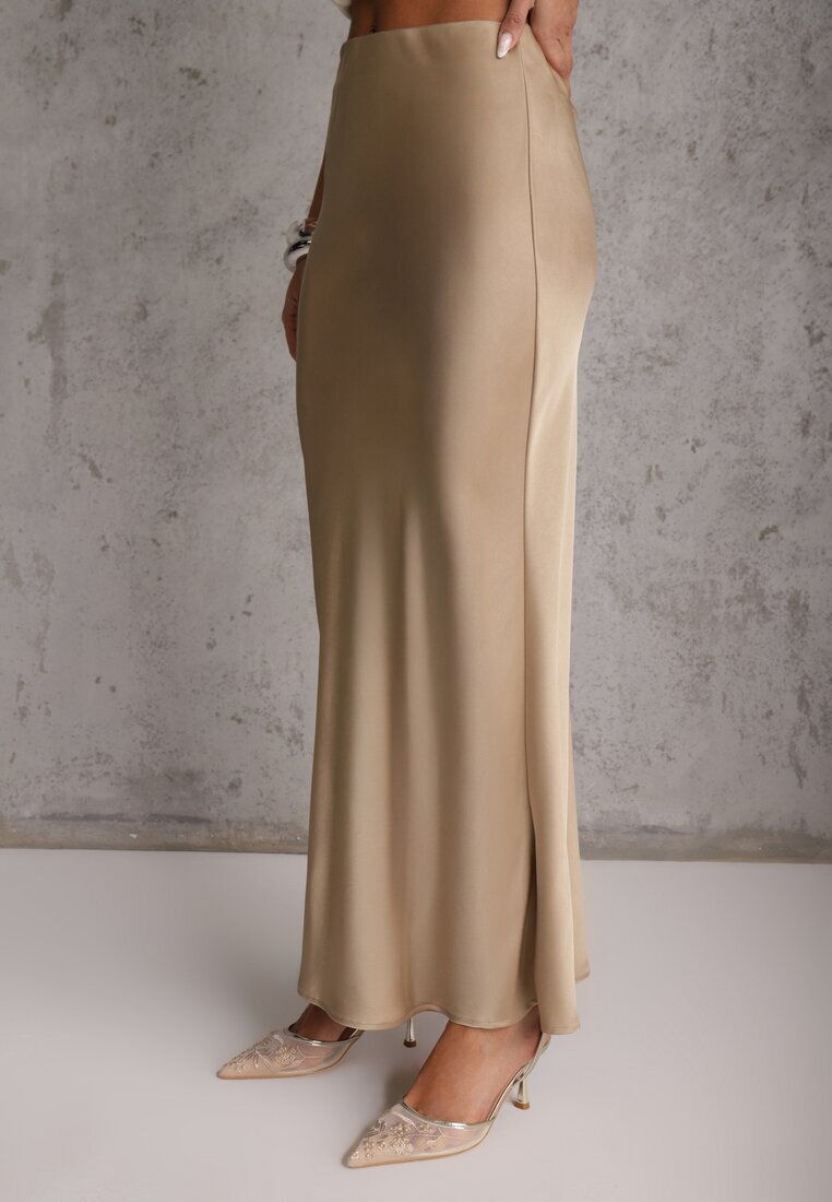 bisou's project Fustă bej din satin maxi cu talie înaltă Formia