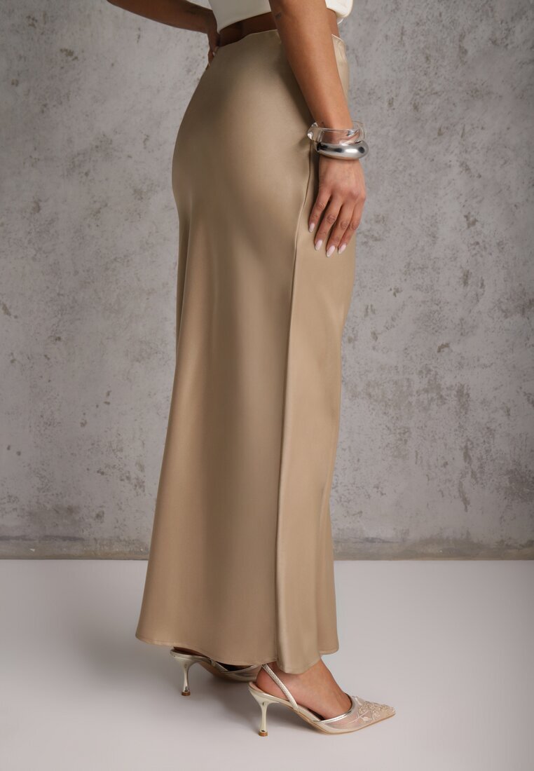 bisou's project Fustă bej din satin maxi cu talie înaltă Formia
