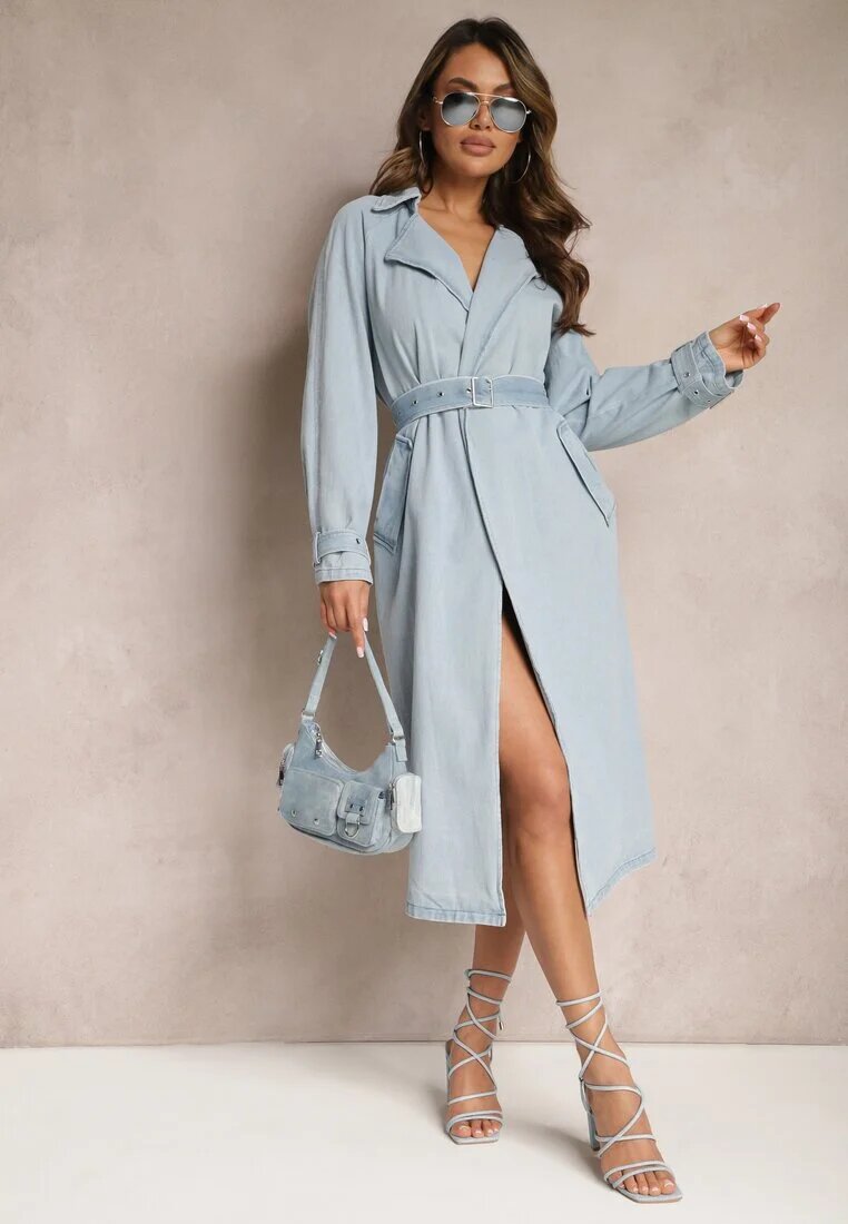 bisou's project Palton Albastru din denim cu rupturi și curea cu cataramă Umiorrea