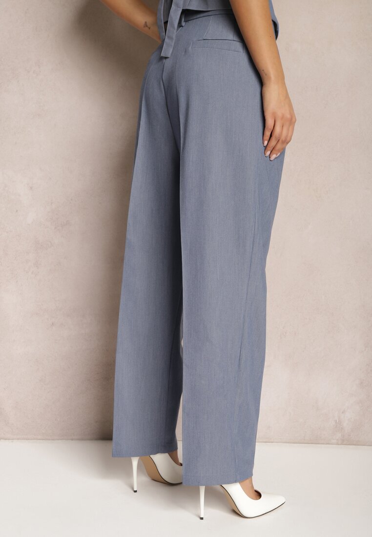 bisou's project Pantaloni albaștri High Waist în stil de costum cu buzunare Junife