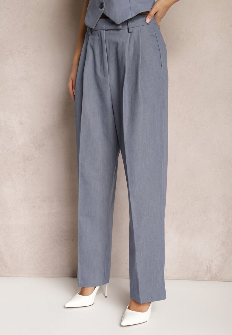 bisou's project Pantaloni albaștri High Waist în stil de costum cu buzunare Junife