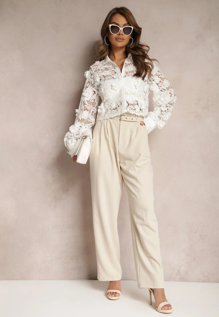bisou's project Pantaloni Bej cu Talie Înaltă în Stil Costum cu Curele și Catarame Daklena