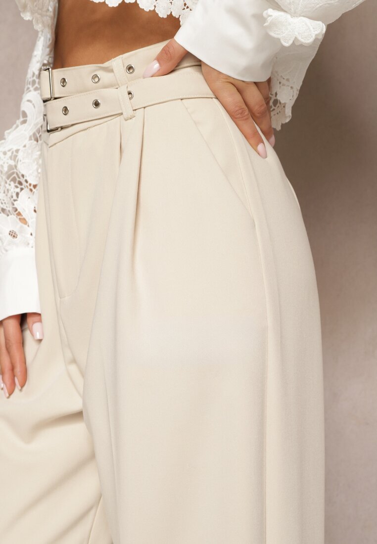 bisou's project Pantaloni Bej cu Talie Înaltă în Stil Costum cu Curele și Catarame Daklena
