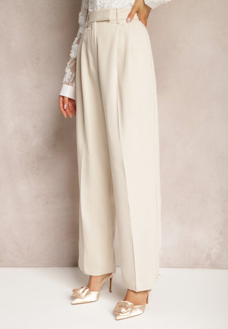 bisou's project Pantaloni Bej High Waist în Stil Costum cu Buzunare Junife