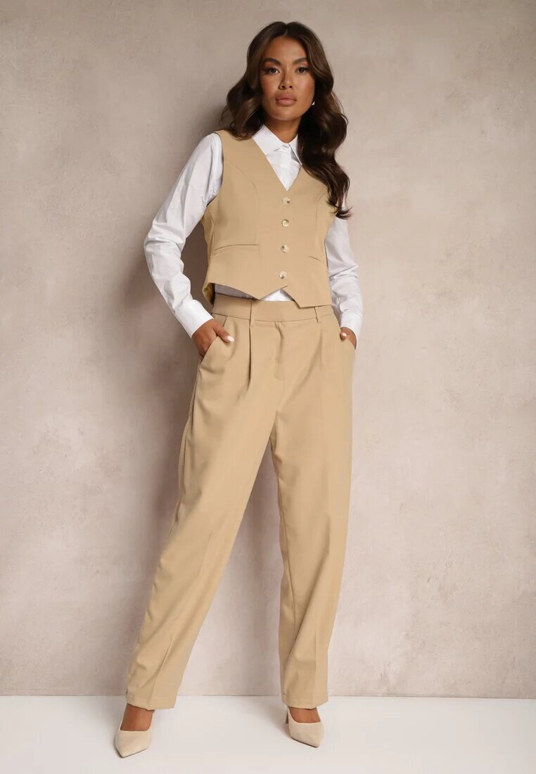 bisou's project Pantaloni Bej Largi cu Buzunare Croială de Costum Verati