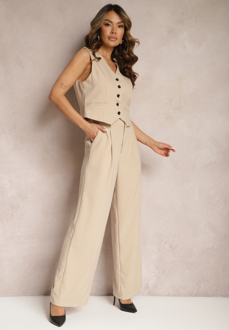 bisou's project Pantaloni bej largi în stil de costum cu dungi delicate Tsalena
