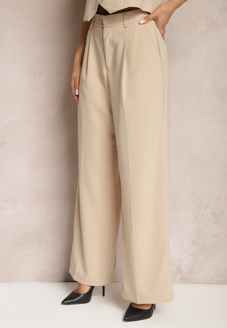bisou's project Pantaloni bej largi în stil de costum cu dungi delicate Tsalena