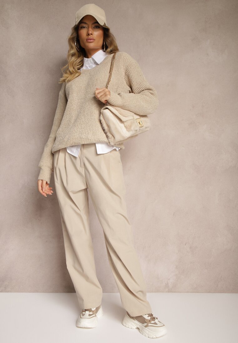 bisou's project Pantaloni de costum Bej din bumbac cu picioare largi Befia