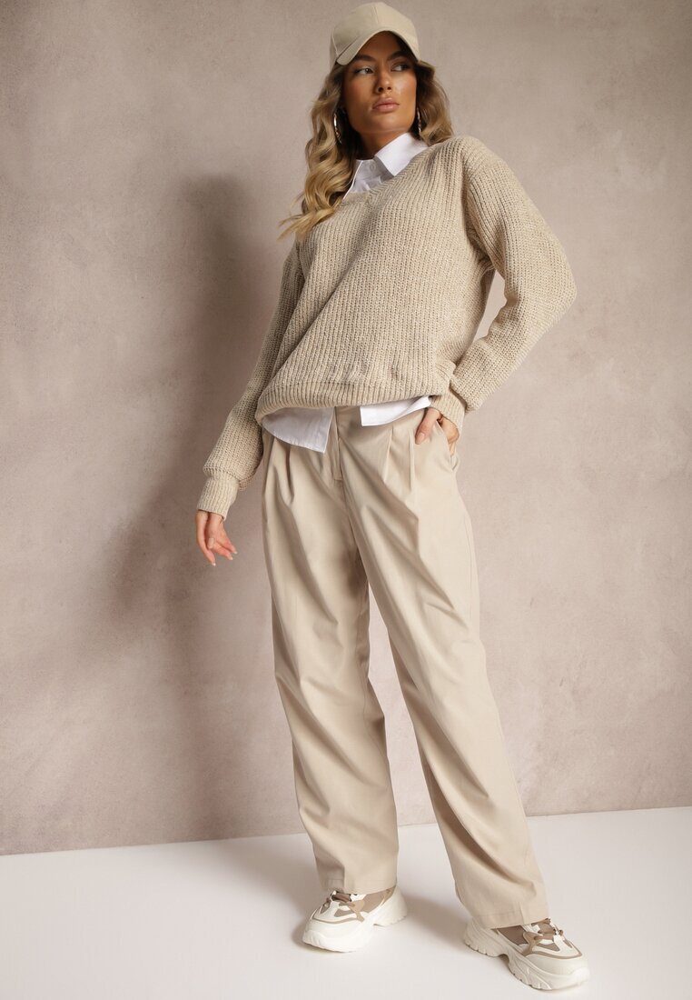 bisou's project Pantaloni de costum Bej din bumbac cu picioare largi Befia