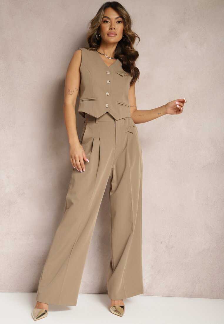 bisou's project Pantaloni de costum eleganți bej închis cu talie înaltă Lainiva
