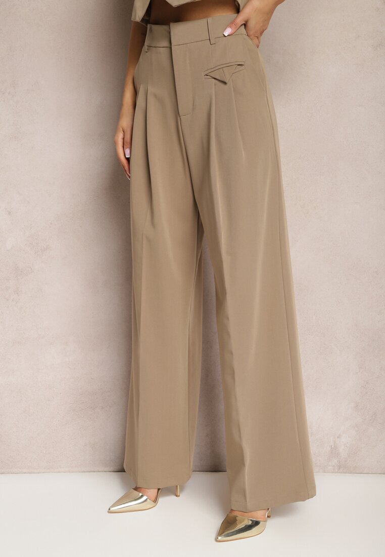 bisou's project Pantaloni de costum eleganți bej închis cu talie înaltă Lainiva