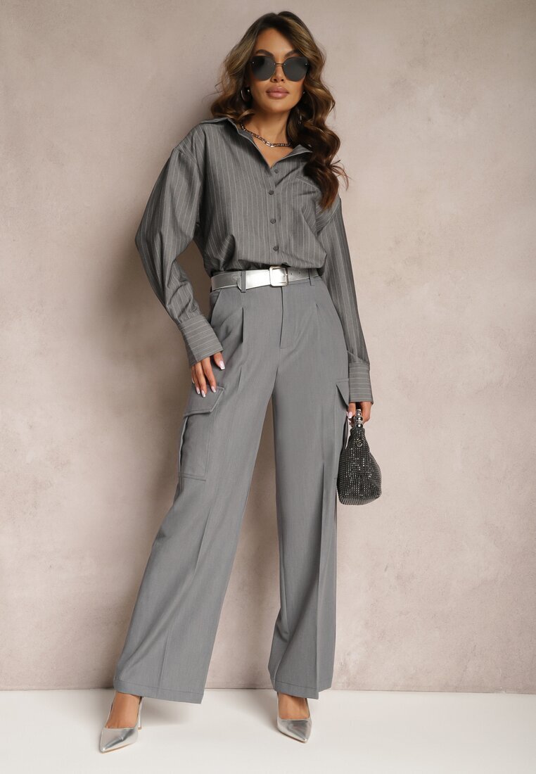 bisou's project Pantaloni Gri închis Largi Talie înaltă Stil elegant Cu buzunare cargo Dekanna