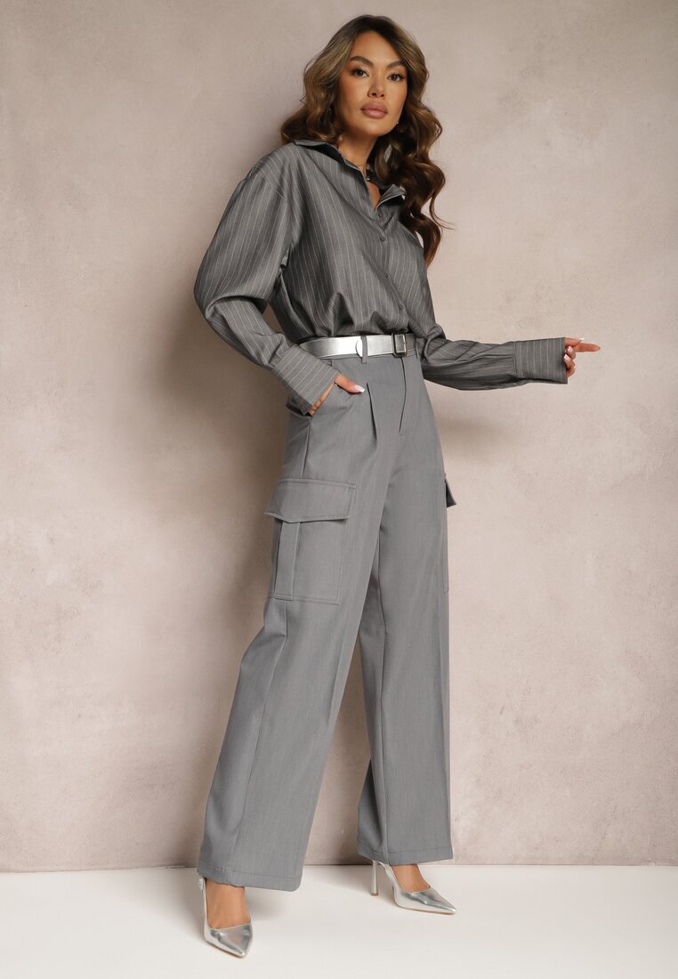 bisou's project Pantaloni Gri închis Largi Talie înaltă Stil elegant Cu buzunare cargo Dekanna