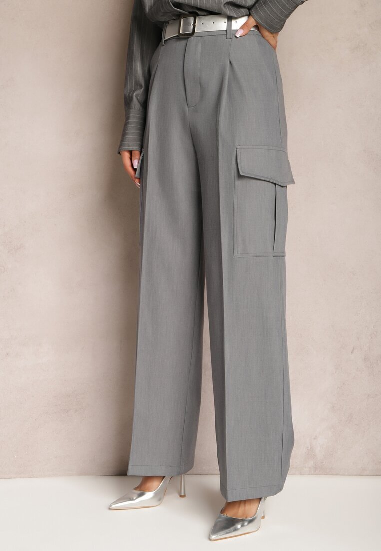 bisou's project Pantaloni Gri închis Largi Talie înaltă Stil elegant Cu buzunare cargo Dekanna