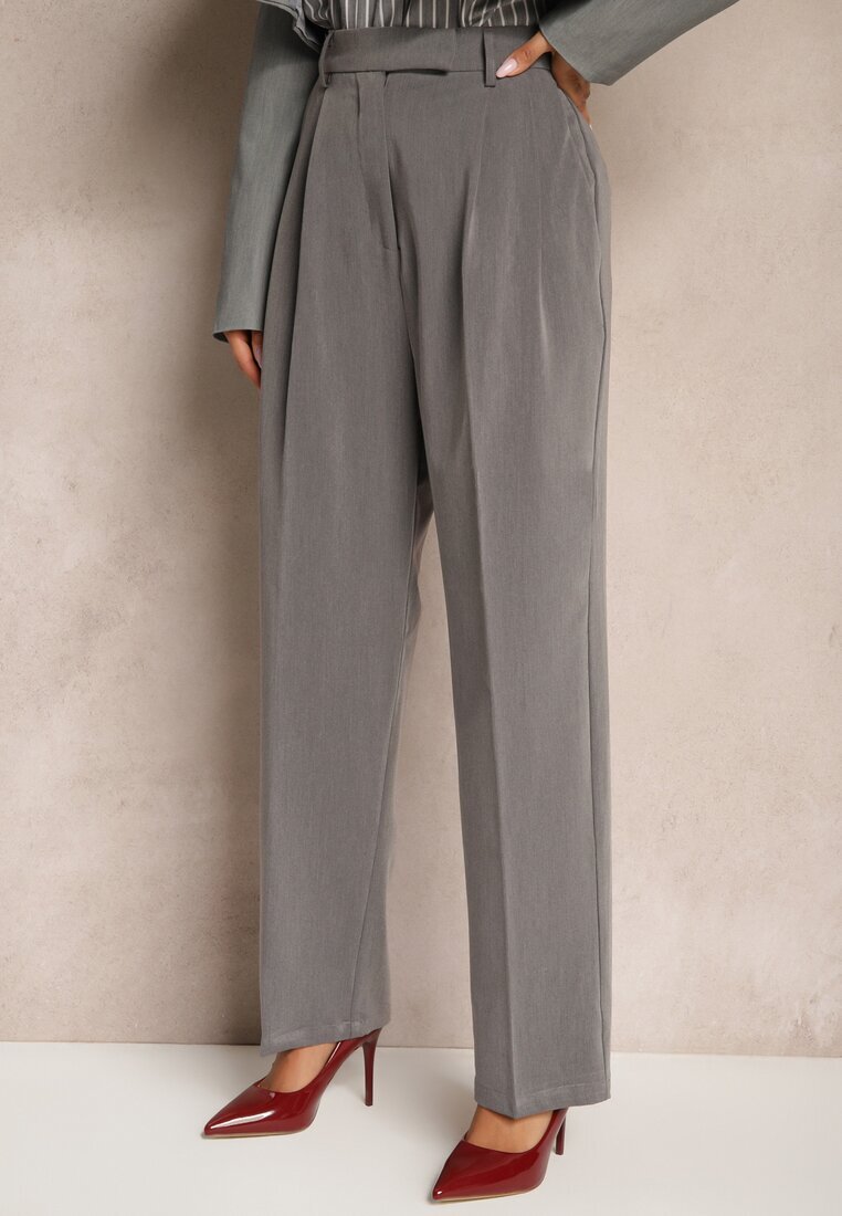 bisou's project Pantaloni Gri închis Talie înaltă stil costum cu buzunare Junife