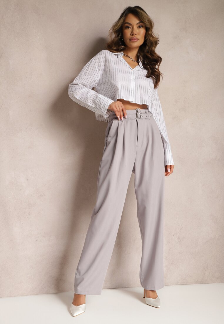bisou's project Pantaloni Gri Talie înaltă Stil costum cu curele și catarame Daklena