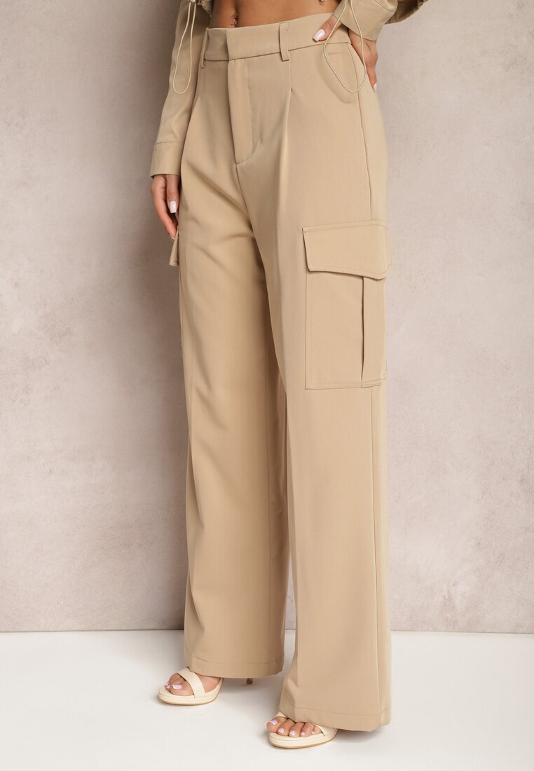 bisou's project Pantaloni Largi Bej Cu talie înaltă Stil elegant Cu buzunare cargo Dekanna
