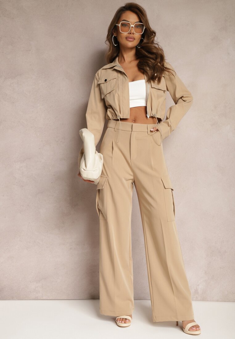 bisou's project Pantaloni Largi Bej Cu talie înaltă Stil elegant Cu buzunare cargo Dekanna